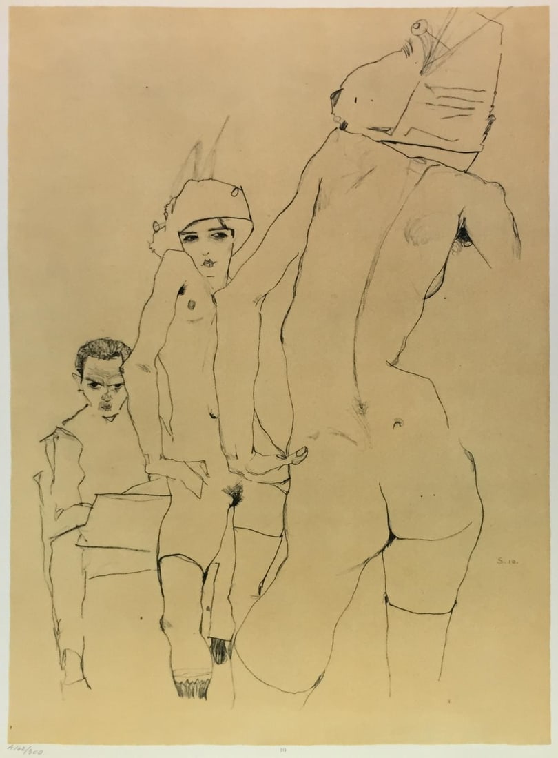 Egon Schiele (After) - Schiele Drawing a nude Model before a Mirror: Artist: Egon Schiele (After) Title: Schiele Drawing a nude Model before a Mirror Year: 1969 Dimensions: 19 3/4in. by 14 1/4in. Edition: From the Rare Limited Edition of 300