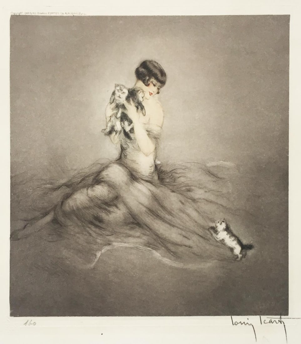 Louis Icart - Little Kittens: Artist: Louis Icart Title: Little Kittens Year: 1926 Dimensions: 14 1/4in. by 14in. Edition: From the rare limited edition Medium: Original drypoint etching wit