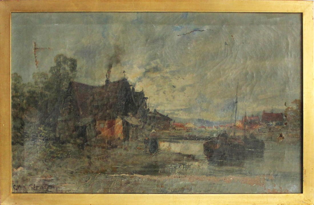 C. Von Straten - River Town: Artist: C. Von Straten Title: River Town Dimensions: 14 1/2in. by 23in. Edition: Unique One of a Kind Artwork Medium: Original Oil on Canvas Condition: As Is Signature Details: Hand Signed "C. Von
