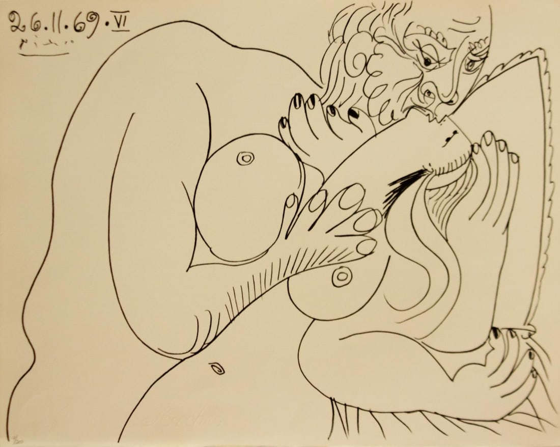 Pablo Picasso - 26 11 69 VI (After): Artist: Pablo Picasso Title: 26 11 69 VI Year: 1969 Dimensions: 16in. by 20in. Edition: From the Rare Limited Edition of 300 Publisher: Le Vent d Arles Suite: Au Baiser D Avignon Medium: Lithograph