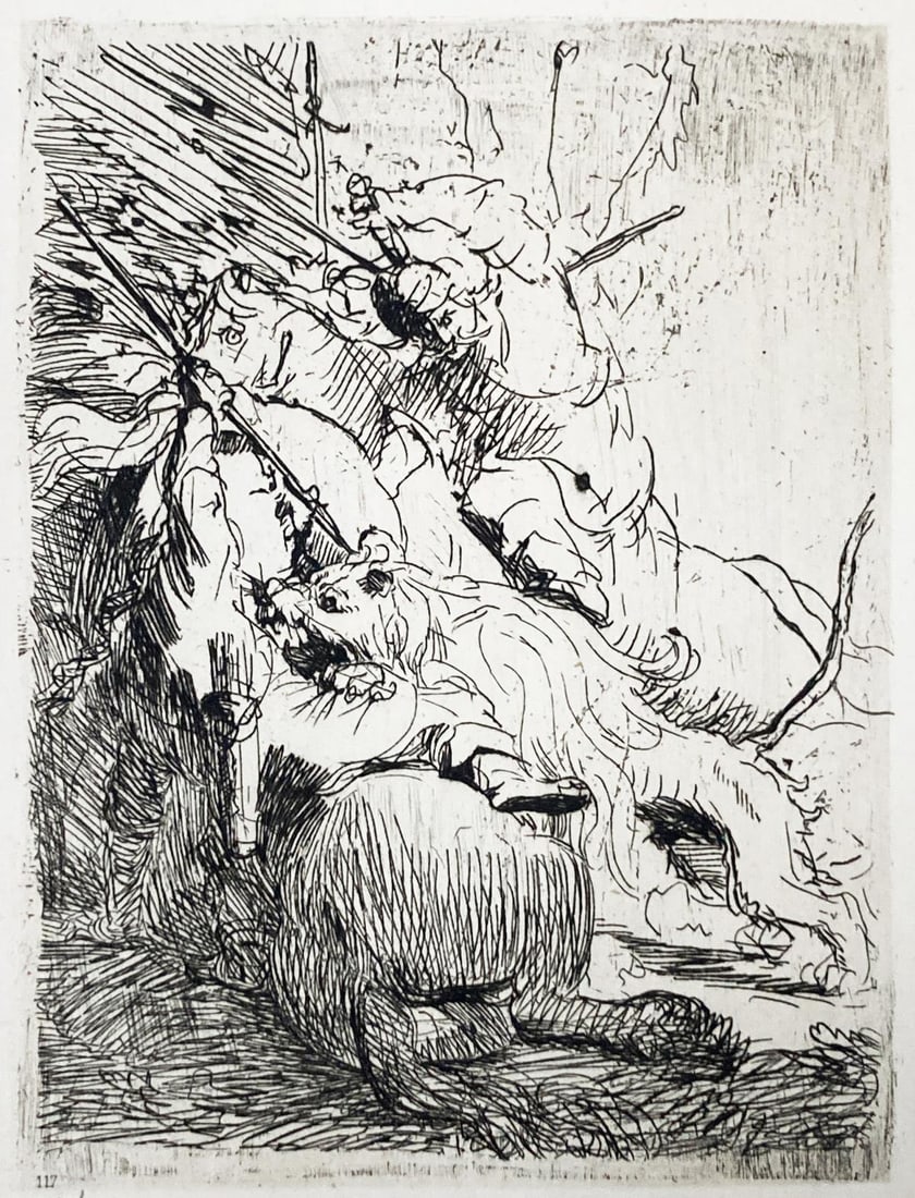 Rembrandt van Rijn (After 1883) - Small Lion Hunt: Artist: Rembrandt van Rijn (After 1883) Title: Small Lion Hunt Year: 1883 Dimensions: 7in. by 5.5in. Edition: From the rare limited edition Suite: LOeuvre Compl