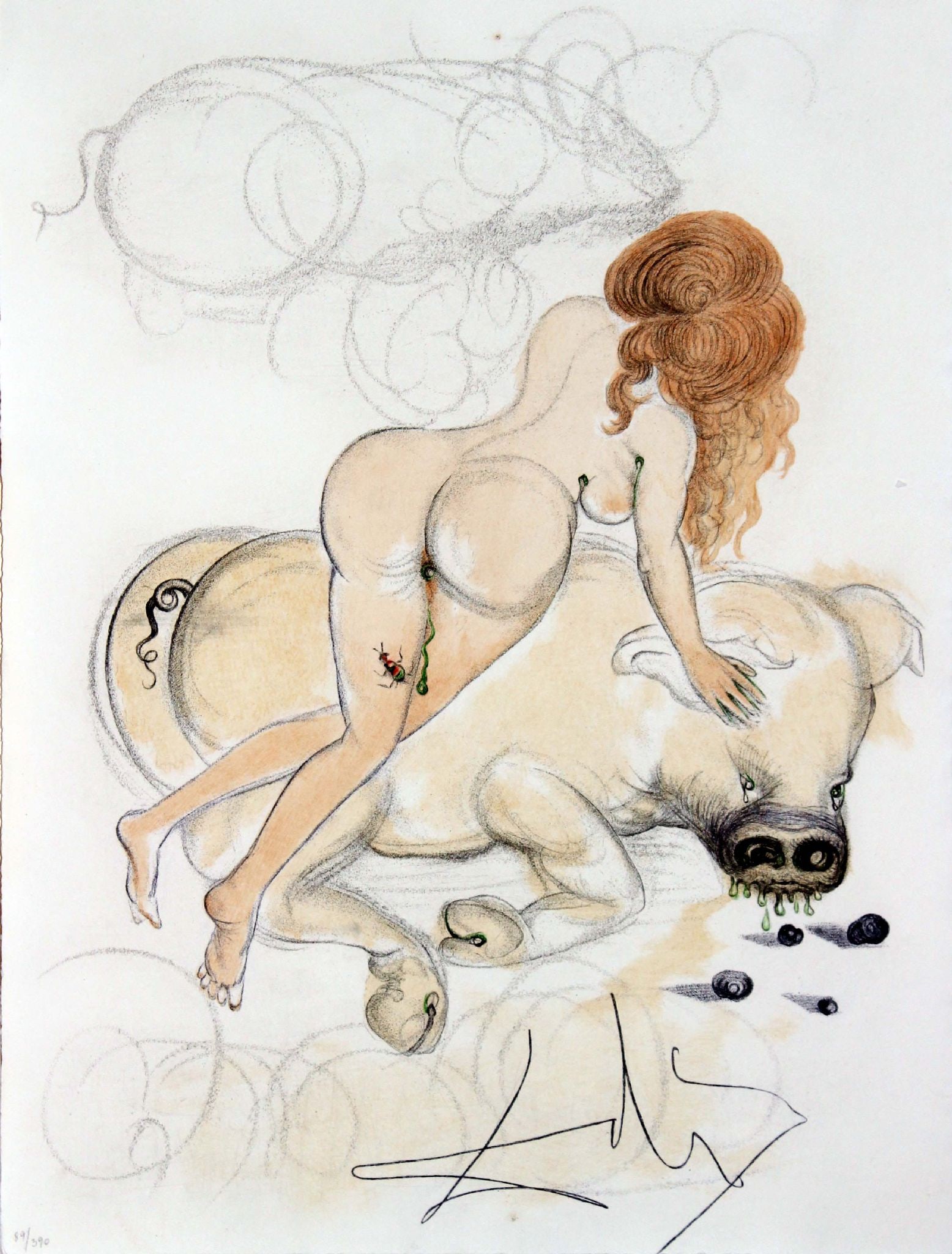 Salvador Dali - Girl and Pig: Artist: Salvador Dali Title: Girl and Pig Year: 1967 Dimensions: 14 3/4 x 11 in. Edition: From the rare limited edition of 390 Publisher: Au Cercle du livre precieux, Paris Suite: Casanova Original
