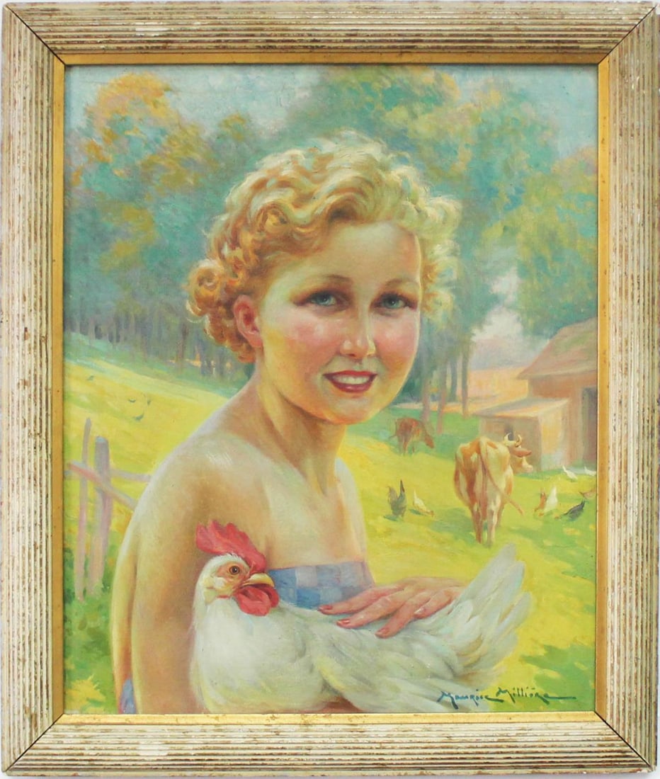 Maurice Milliere - Untitled (On the Farm): Artist: Maurice Milliere Title: Untitled (On the Farm) Year: c. 20th Century Dimensions: 15in. by 18 1/4in. Edition: Unique One of a Kind Artwork Medium: Original Oil Painting on Canvas Condition: