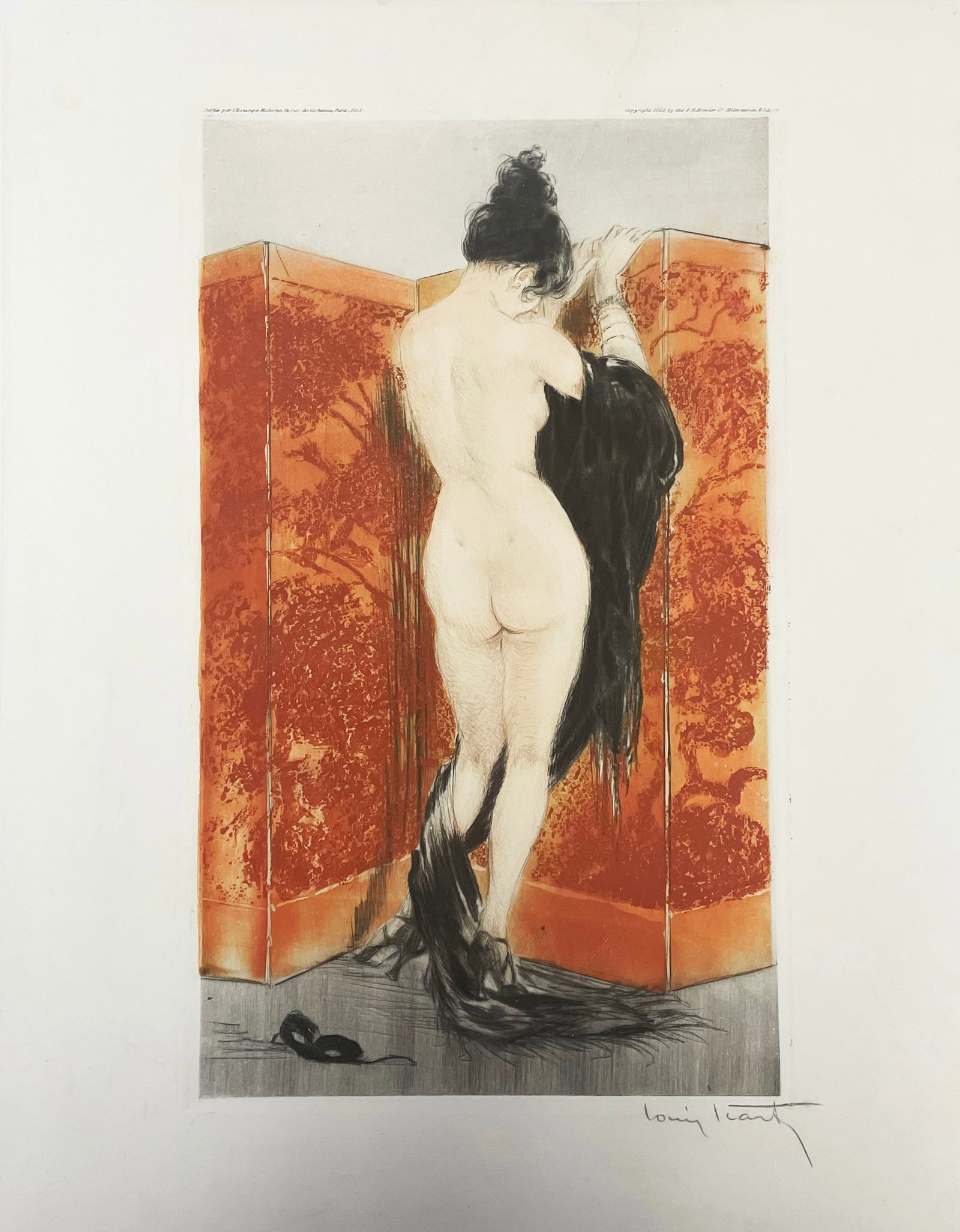 Louis Icart - Le Paravent de Laque: Artist: Louis Icart Title: Le Paravent de Laque Year: 1922 Dimensions: 14in. by 8 1/4in. Edition: From the rare limited edition Medium: Original etching on paper with hand coloring Condition: