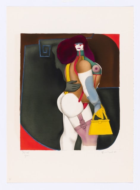 Richard Lindner - Woman with yellow handbag: Artist: Richard Lindner Title: Woman with yellow handbag Year: 1975 Dimensions: 28 1/4in. by 20 3/8in. Edition: Numbered from the Rare Limited Edition of 125 Publis