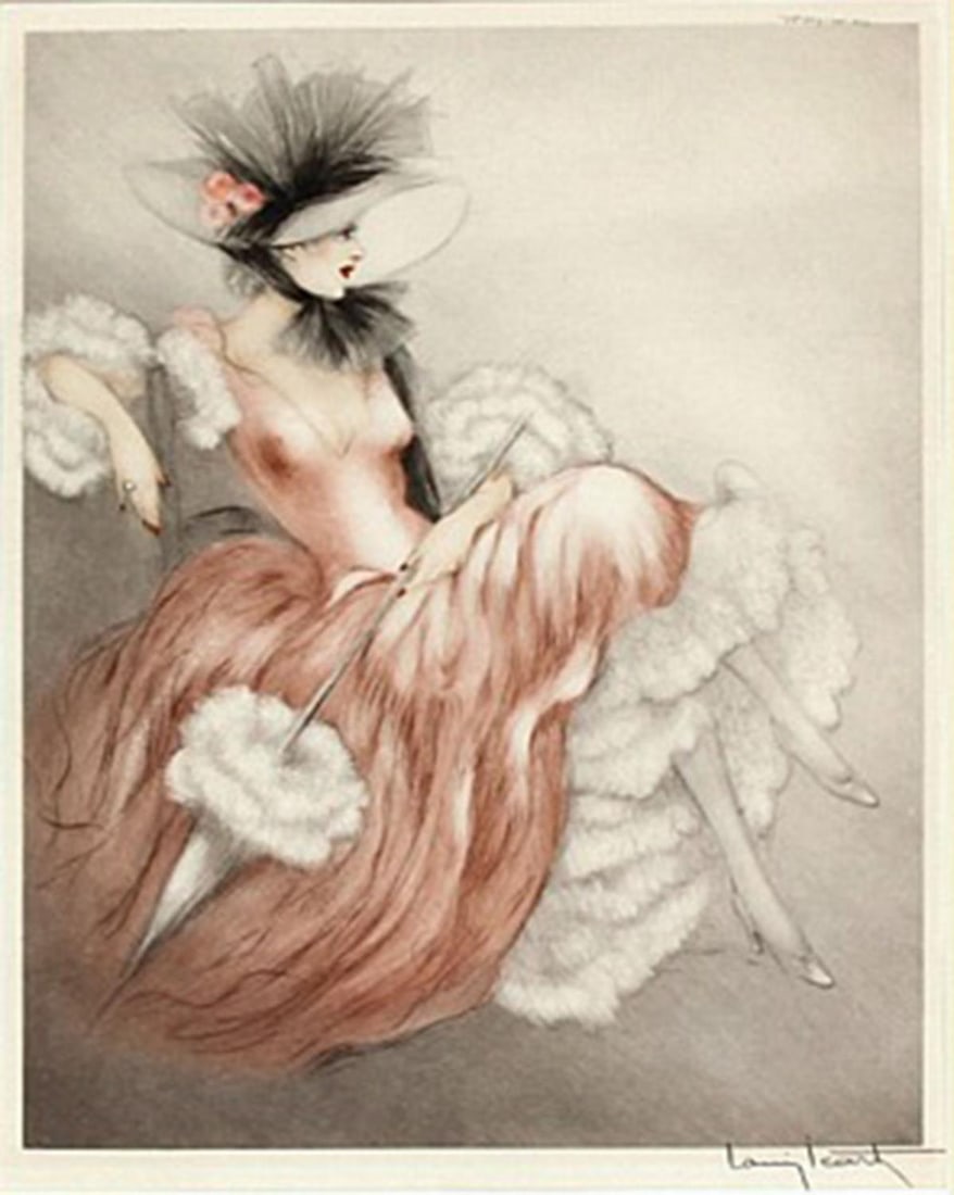 Louis Icart - Frou Frou: Artist: Louis Icart Title: Frou Frou Year: 1948 Dimensions: 18 5/8in. by 15in. Edition: From the rare limited edition Medium: Original drypoint etching with han