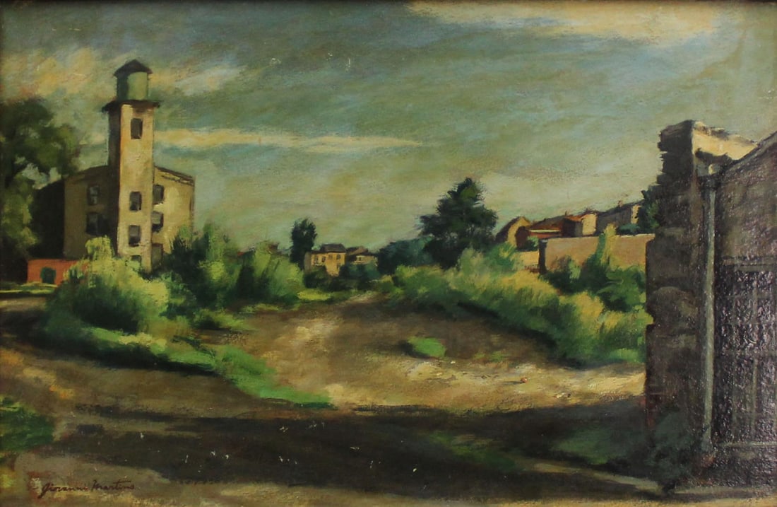 Giovanni Martino - North Manayunk: Artist: Giovanni Martino Title: North Manayunk Year: 1939 Dimensions: 11 3/4in. by 18in. Edition: Unique One of a Kind Artwork Medium: Oil on Panel Condition: Excellent Signature Details: Hand Signed
