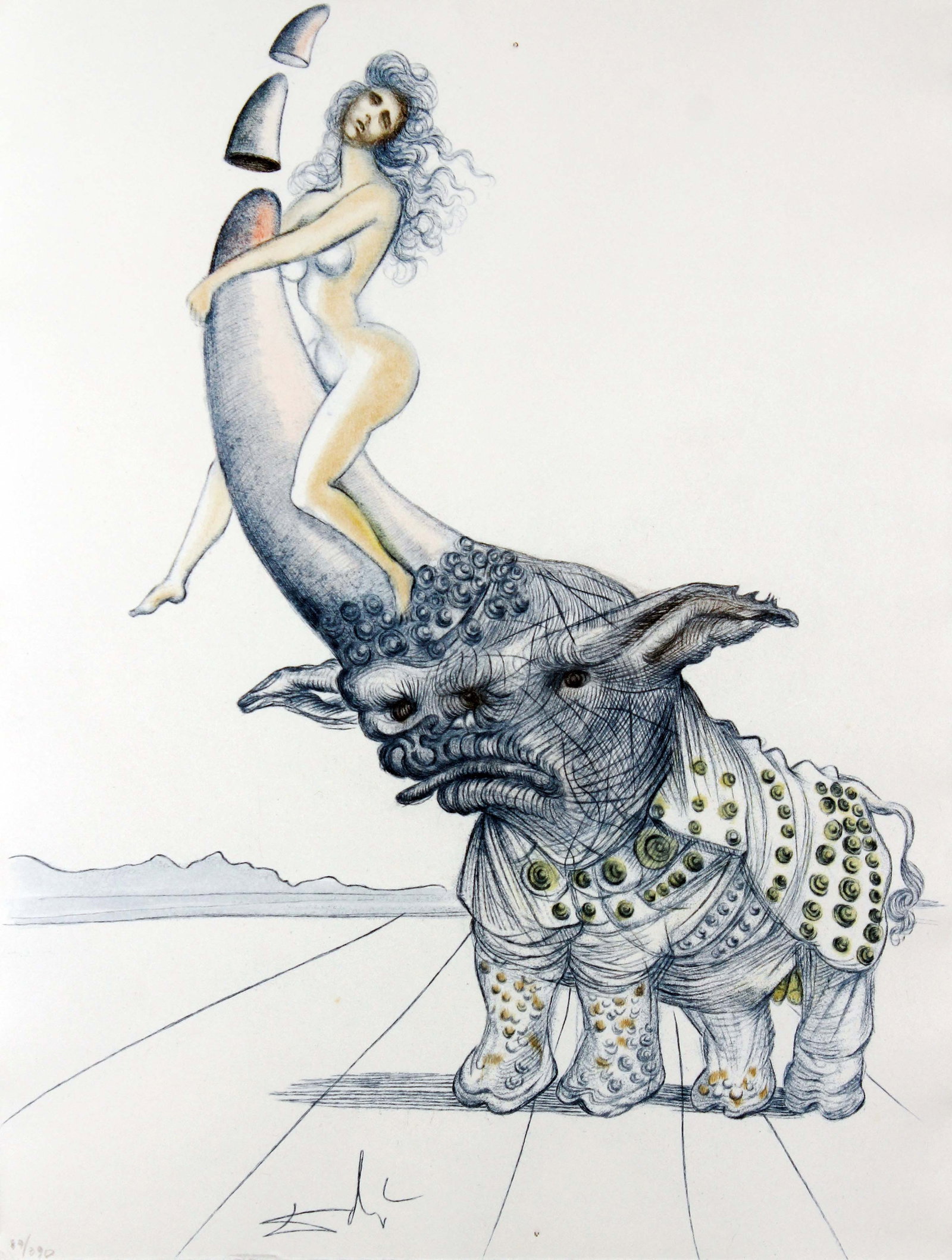 Salvador Dali - Girl on Rhinoceros Horn: Artist: Salvador Dali Title: Girl on Rhinoceros Horn Year: 1967 Dimensions: 14 3/4 x 11 in. Edition: From the limited edition of 390 Publisher: Au Cercle du liv