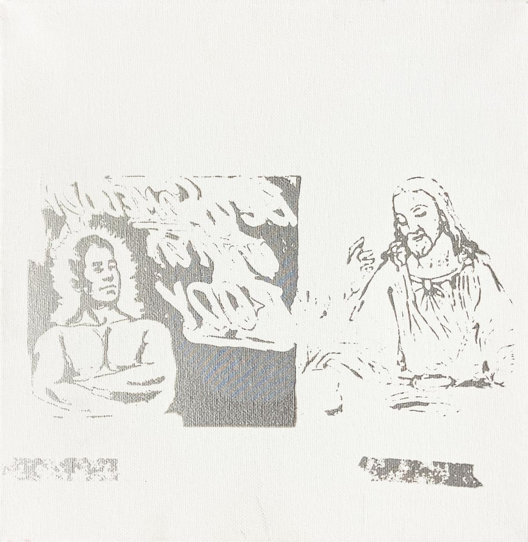 Doblin - Last Supper White: Artist: Doblin Title: Last Supper White Year: 1971 Dimensions: 12in. by 12in. Edition: Unique Original One of A Kind Artwork Medium: Hand pulled screen print on canvas Condition: Excellent Signature