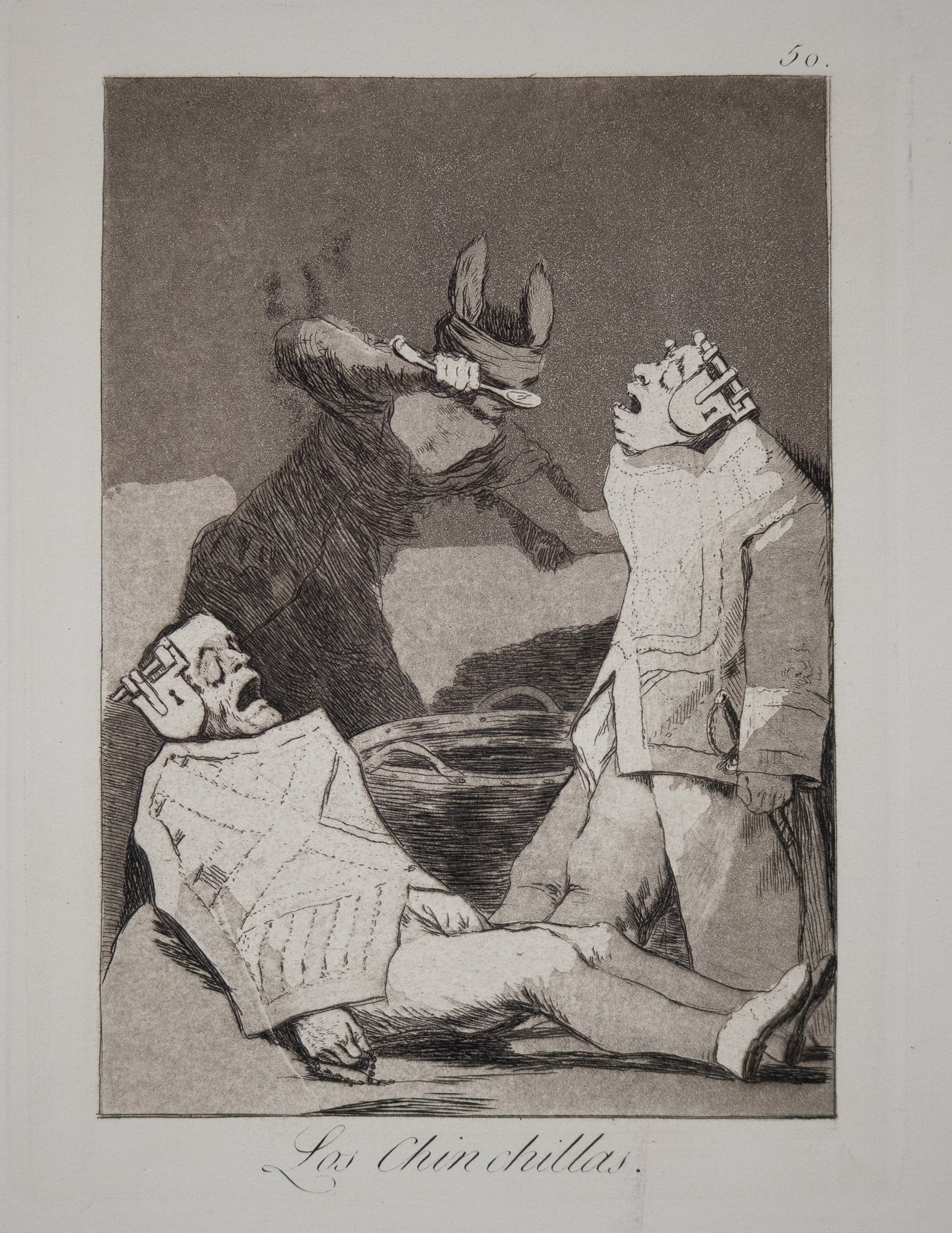 Francisco Jose De Goya y Lucientes - Los Chinchillas: Artist: Francisco Jose De Goya y Lucientes Title: Los Chinchillas Year: 1799 Dimensions: 11 1/2 x 8 1/4 in. Edition: From the rare limited edition Suite: Los Caprichos Medium: Original etching on