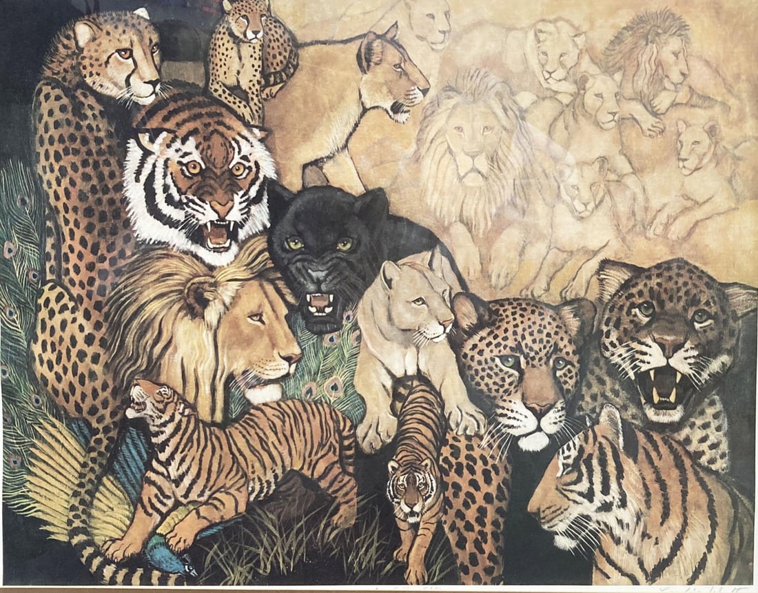 Caroline Schultz - Big Cat Compositions: Artist: Caroline Schultz Title: Big Cat Compositions Dimensions: 20in. by 27.5in. Edition: From the rare limited edition Medium: Original Lithograph in colors on paper Condition: Excellent Signature