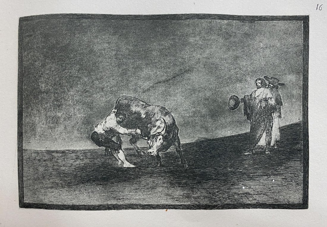 Francisco Goya - La Tauromaquia 16: Artist: Francisco Goya Title: La Tauromaquia 16 Year: 1816 Dimensions: 9.5in. by 6.75in. Edition: From the Rare Limited Edition Suite: La Tauromaquia Medium: Drypoint Intaglio Etching on Paper