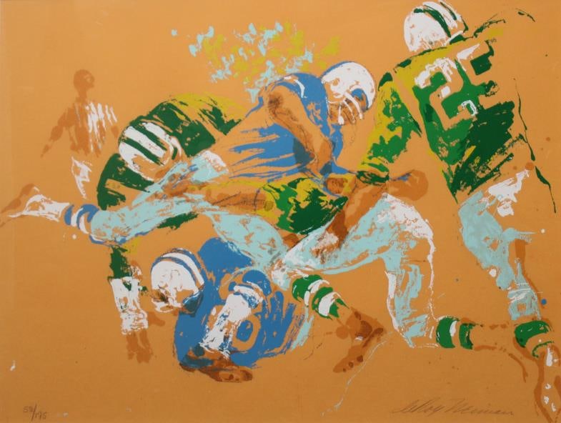 LeRoy Neiman - Orange Football: Artist: LeRoy Neiman Title: Orange Football Year: 1972 Dimensions: 29in. by 36in. Edition: Artist Proof From the rare limited edition Medium: Original Serigraph