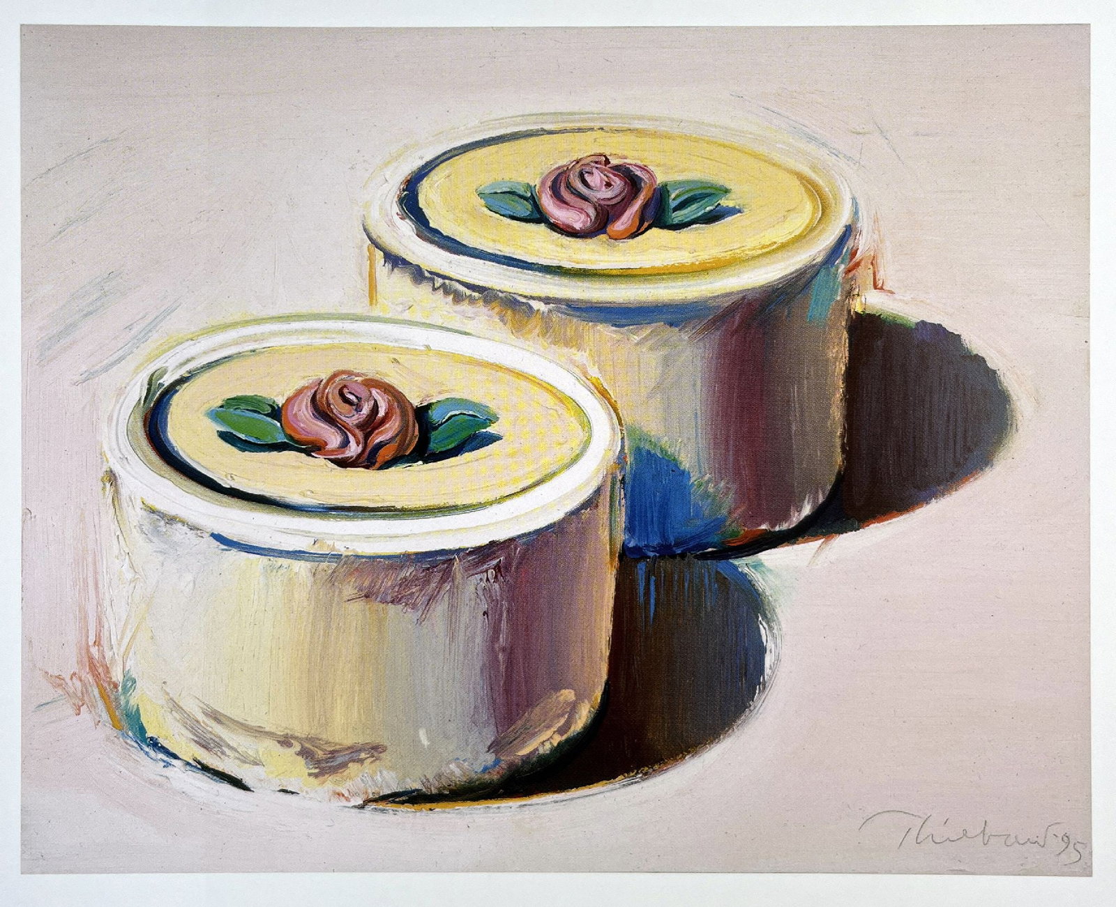 Wayne Thiebaud - Rosebud Cakes: Artist: Wayne Thiebaud Title: Rosebud Cakes Year: 2019 Dimensions: 8 1/2 x 9 1/2 in. Edition: Colored Offset Lithographs that Come Matted in white with a color trim to match the image; ready for