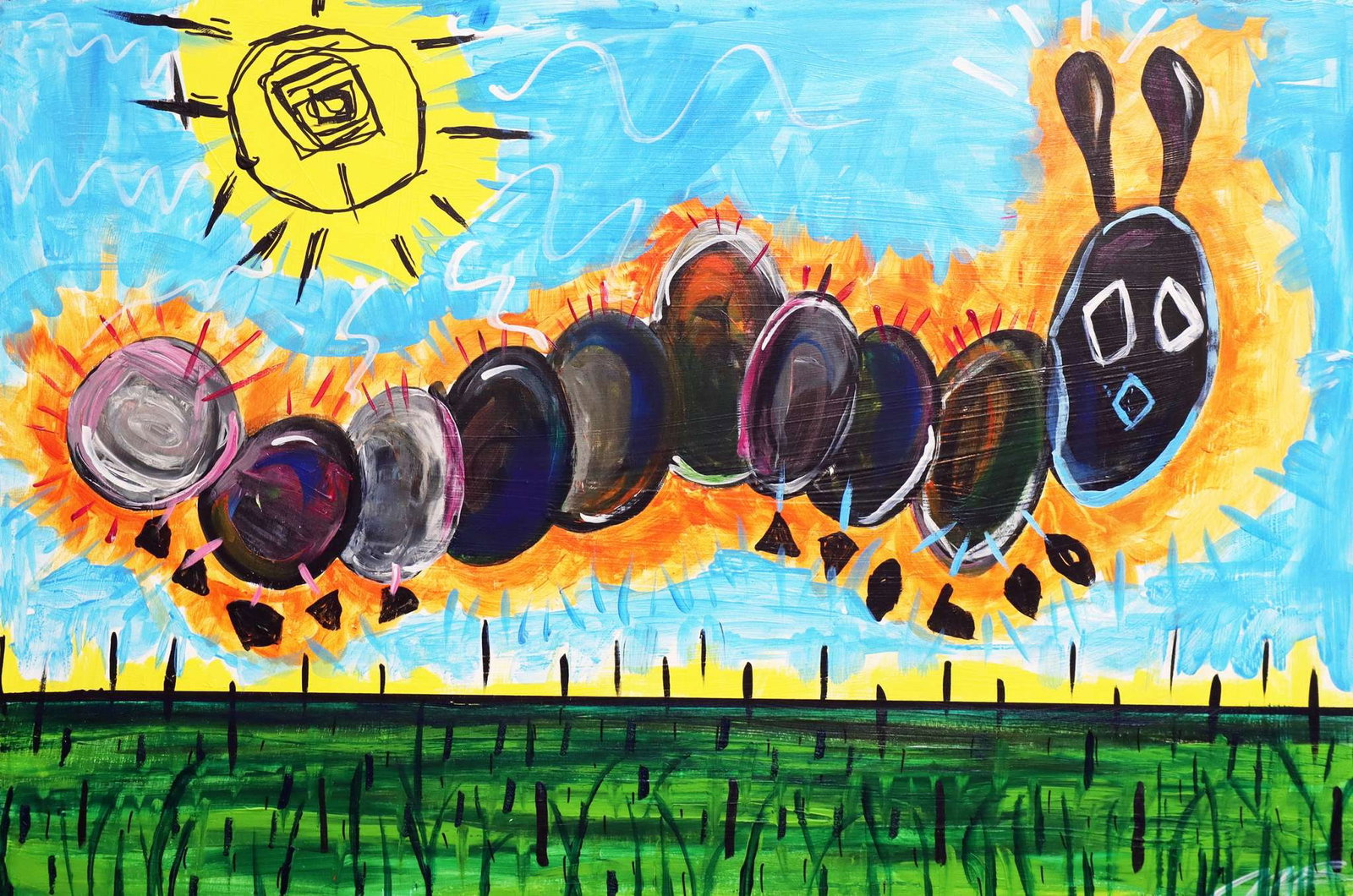 Matthew Steinberg - The Starving Caterpillar: Artist: Matthew Steinberg Title: The Starving Caterpillar Year: 2023 Edition: One-of-a-Kind Orginal painting Suite: Outside Storybook Land Medium: Original Acrylic Painting with Mixed media on wood