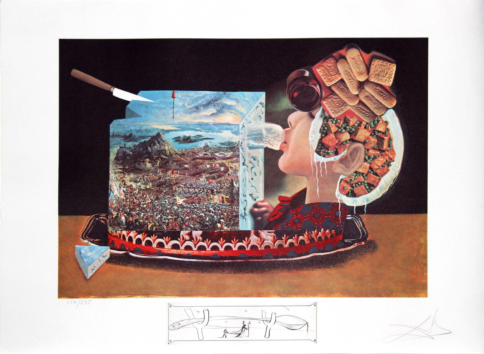 Salvador Dali - Les Pios Nonoches: Artist: Salvador Dali Title: Les Pios Nonoches Year: 1977 Dimensions: 22 x 29 1/2 in. Edition: Rare Artist's proof edition of 50 Suite: Les Diners de Gala Medium: Color lithograph on Rives paper