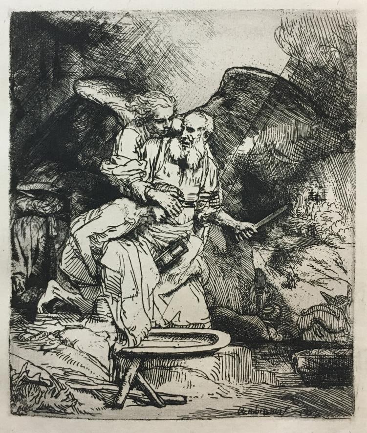 Rembrandt van Rijn - Abraham's Sacrifice: Artist: Rembrandt van Rijn Title: Abraham's Sacrifice Year: 1880 Dimensions: 6.5in. by 5in. Edition: From the rare limited edition Publisher: Macmillan and Co Suite: Etchings and Etchers Medium: