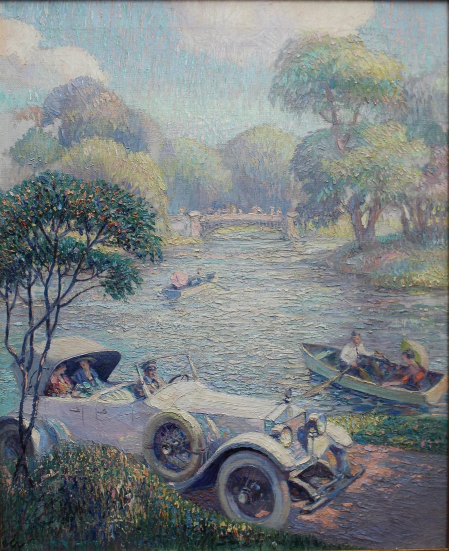 Edmund Labberton - Motoring in the Park: Artist: Edmund Labberton Title: Motoring in Central Park Year: 1900s Dimensions: 28in. by 22in. Edition: Rare one-of-a-kind painting Medium: Oil on canvas Condition: Excellent Signature Details: Hand
