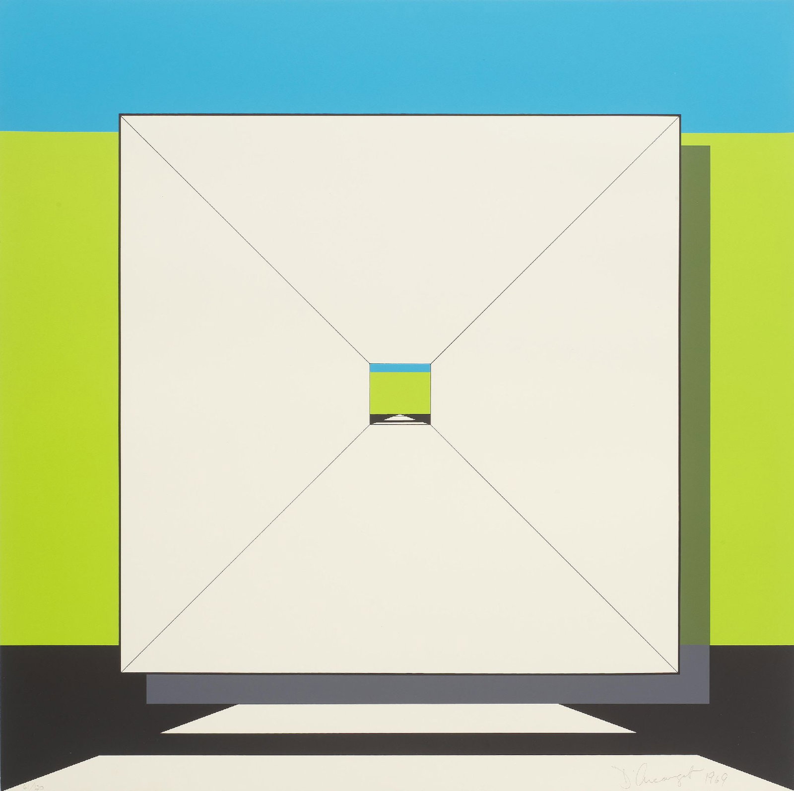 Allan D'Arcangelo - Proposition: Artist: Allan D'Arcangelo Title: Proposition Year: 1969 Dimensions: 25 1/2 x 25 1/2 in. Suite: Nicolas Calas, From Speed to Tension, Edition Domberger, Stuttgart, 1969 Medium: Silkscreen in Colors