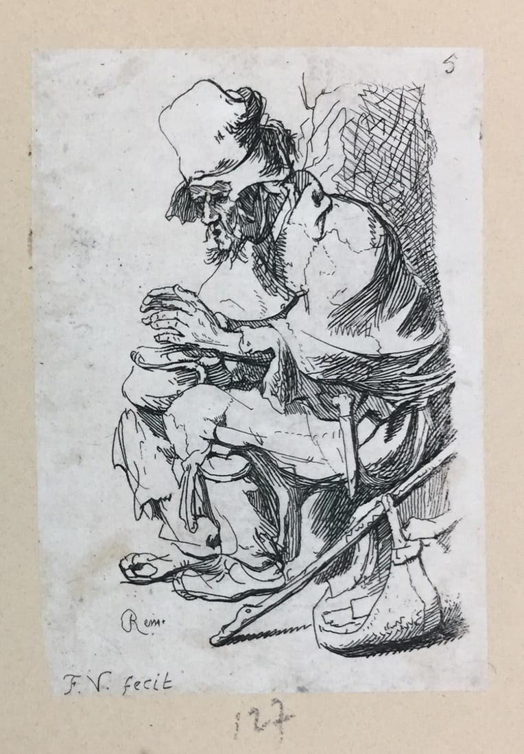 Rembrandt van Rijn - Begger with the Ember Pan: Artist: Rembrandt van Rijn Title: Begger with the Ember Pan Year: c. 1635 Dimensions: 2 1/8in. by 3in. Edition: From the rare limited edition Suite: A Collection of Original Etchings Medium: Original