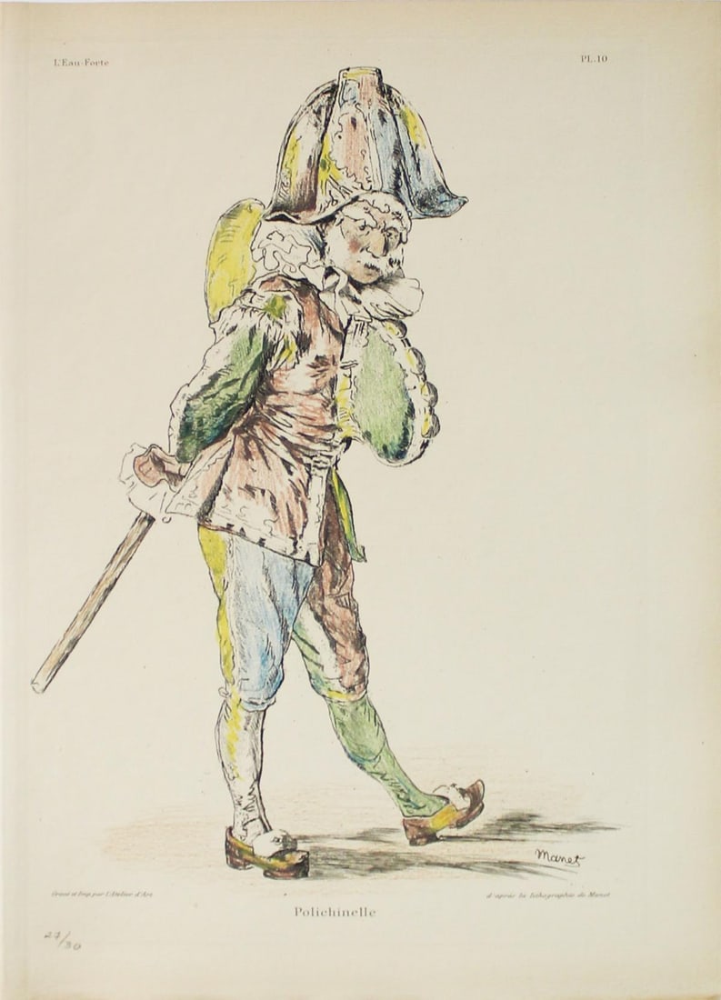 Edouard Manet - Polichinelle: Artist: Edouard Manet Title: Polichinelle Year: c. 1903 Dimensions: 9in. by 12in. Edition: From the Rare Limited Edition of 30 Publisher: Floury Paris Suite: L'Eau-Forte Medium: Etching in Colors on