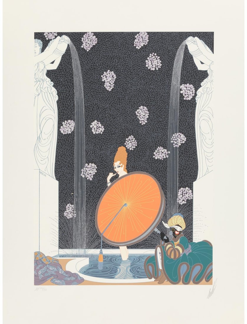Erte - Bath of the Marquise: Artist: Erte Title: Bath of the Marquise Year: 1980 Dimensions: 23 7/8in. by 18in. Edition: Numbered From the rare edition of 50 Publisher: Published by Chicago Serigraphic Workshop Medium: Signed