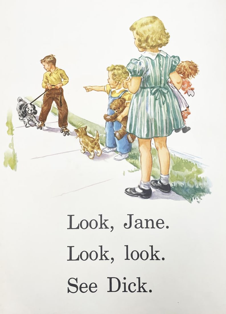 Eleanor Campbell & Keith Ward - Look Jane: Artist: Eleanor Campbell & Keith Ward Title: Look Jane Year: c. 1950s Dimensions: 22in. by 16in. Edition: From the rare limited edition Publisher: Scott Foresman Suite: Our Big Book Medium: Original