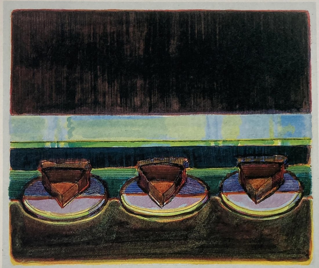 Wayne Thiebaud - Chocolate Pies: Artist: Wayne Thiebaud Title: Chocolate Pies Year: 1991 Dimensions: 9in. by 10.5in. Page Size Edition:From the Limited Edition Printed in 1991 plus Artist Proofs Publisher: Chronicle Medium: Offset