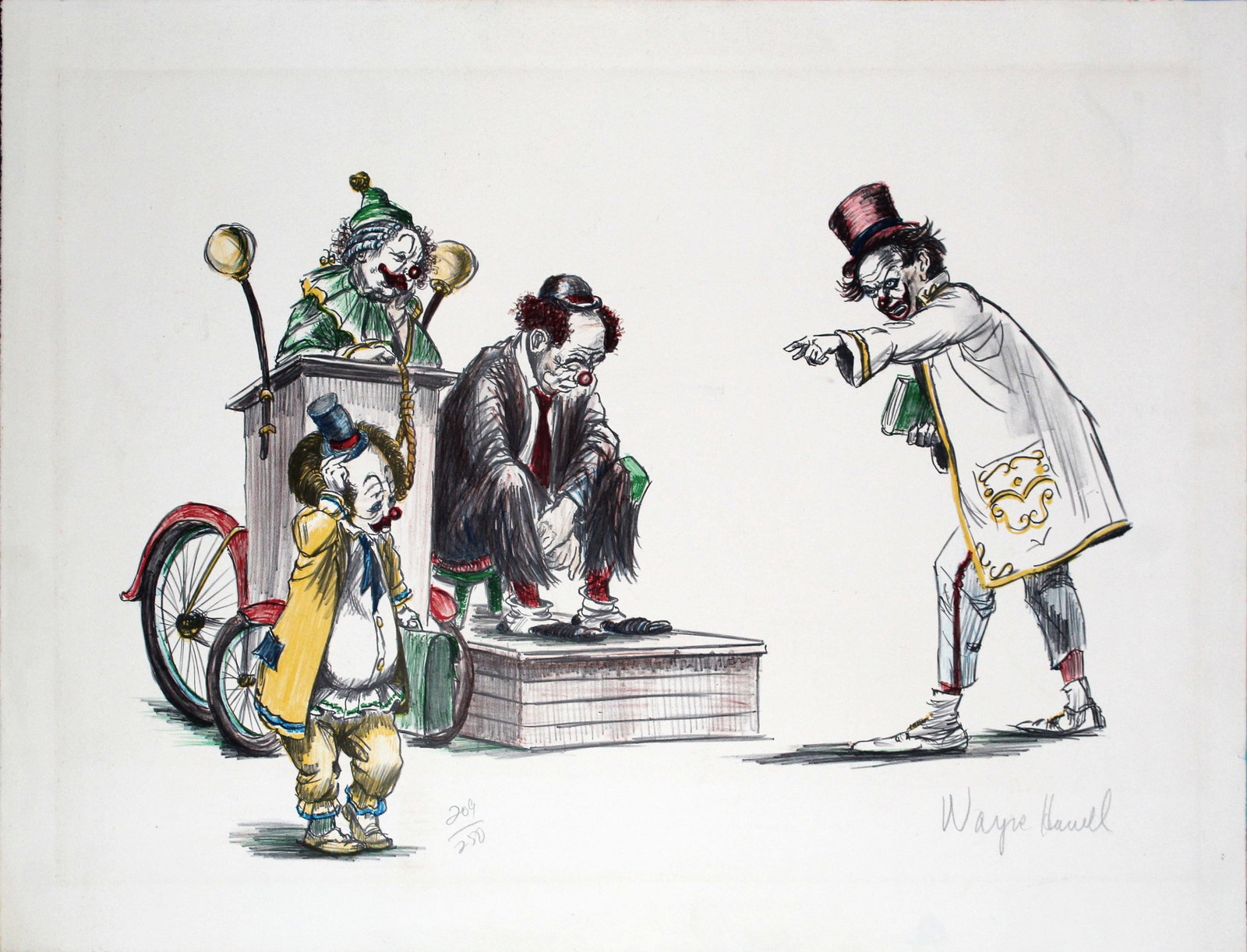 Wayne Howell - Clown Courtroom: Artist: Wayne Howell Title: Clown Courtroom Dimensions: 26in. by 20in. Edition: 209 from the rare limited edition of 250 Medium: Original lithograph on paper Condition: Execellent Signature Details: