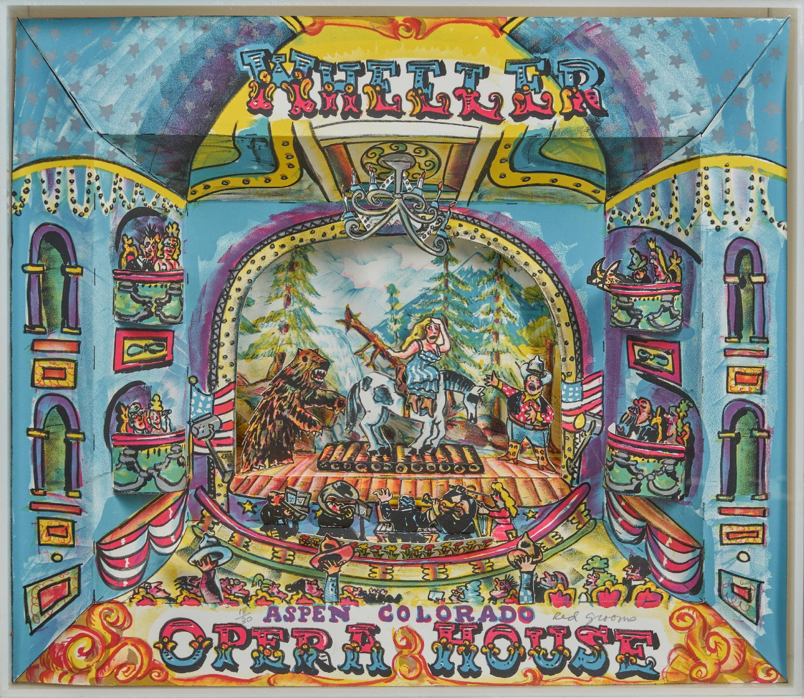 Red Grooms - Wheeler Opera House: Artist: Red Grooms Title: Wheeler Opera House Year: 1984 Dimensions: 17 1/2 x 20 x 4 3/4 in. Edition: 18 from the limited edition of 30 Publisher: Red Grooms and Shark's Lithograph, Ltd., Boulder,