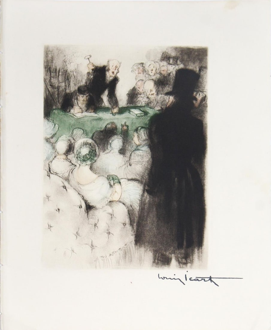 Louis Icart - In the Hall: Artist: Louis Icart Title: In the Hall Year: 1938 Dimensions: 11.25in. by 8.75in. Edition: From the rare limited edition of 250 Suite: La Dame aux Camelias Medium: Original etching on paper