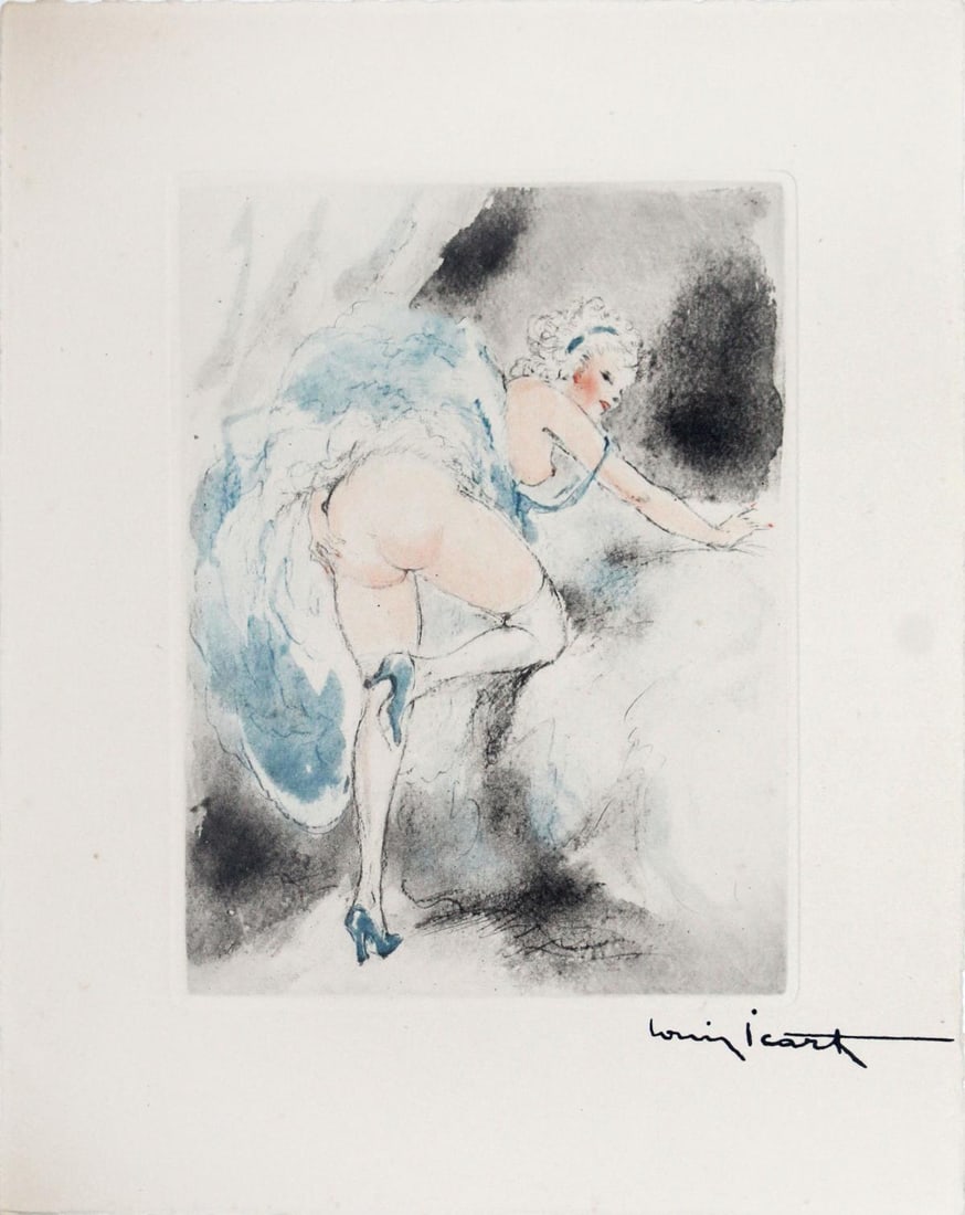 Louis Icart - Itching for Love: Artist: Louis Icart Title: Itching for Love Year: 1947 Dimensions: 11in. by 8.5in. Edition: From the rare limited edition of 500 Publisher: Georges Guillot Editeur: Paris Suite: Felecia ou Mes
