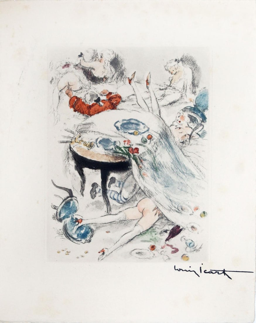 Louis Icart - Orgy: Artist: Louis Icart Title: Orgy Year: 1947 Dimensions: 11in. by 8.5in. Edition: From the rare limited edition of 500 Publisher: Georges Guillot Editeur: Paris Suite: Felecia ou Mes Fredaines Medium: