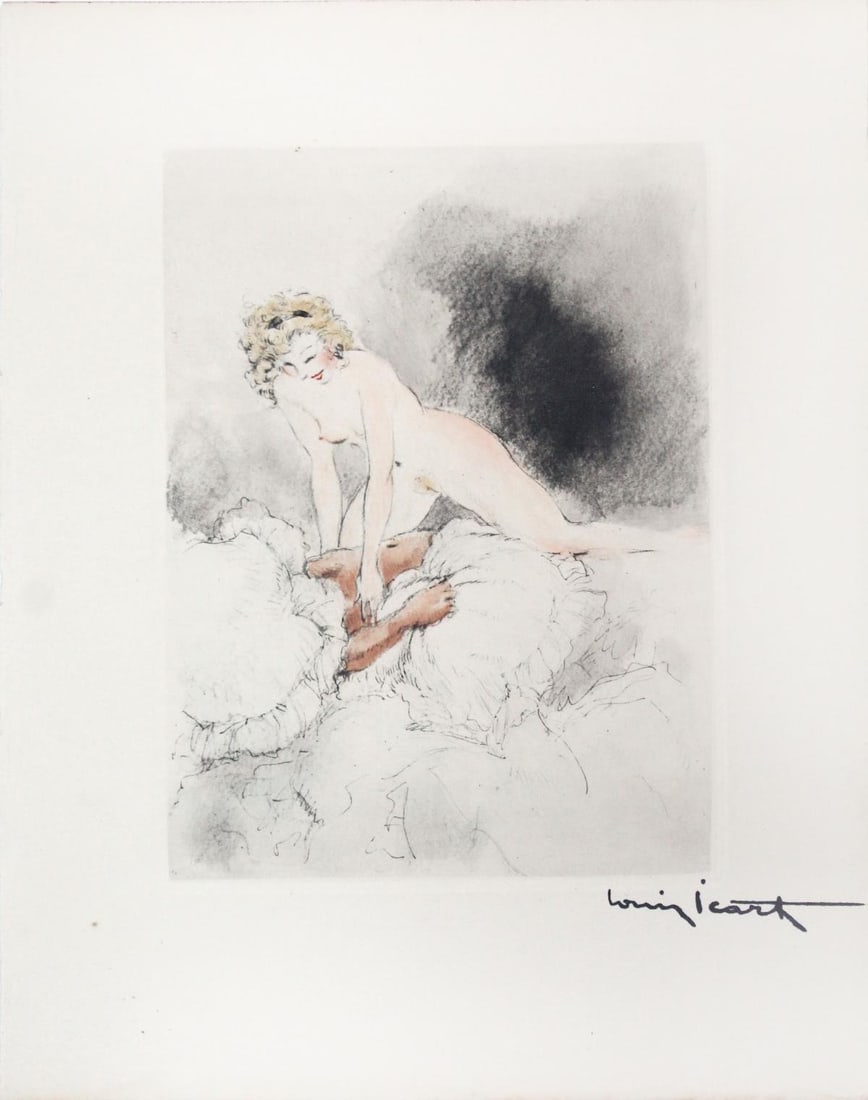 Louis Icart - Lie Back: Artist: Louis Icart Title: Lie Back Year: 1947 Dimensions: 11in. by 8.5in. Edition: From the rare limited edition of 500 Publisher: Georges Guillot Editeur: Paris Suite: Felecia ou Mes Fredaines