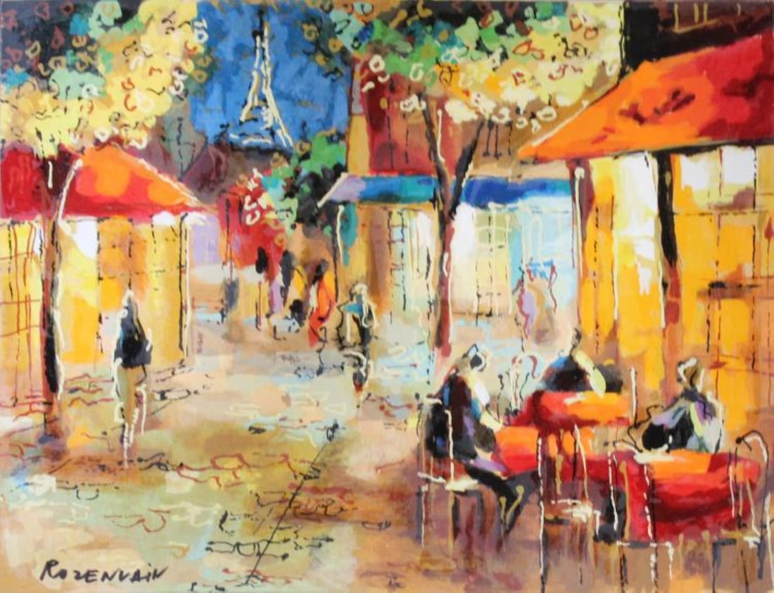 Michael Rozenvain - Cafe Scene: Artist: Michael Rozenvain Title: Cafe Scene Dimensions: 14.5in. by 12in. Edition: From the rare limited edition Medium: Original serigraph and acrylic on board Condition: Excellent Signature Details: