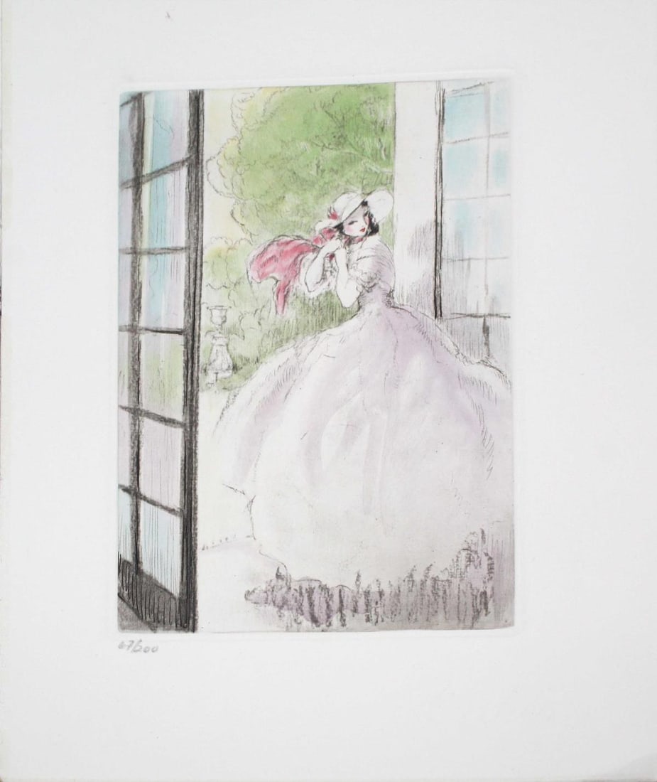 Louis Icart - A Windy Morning: Artist: Louis Icart Title: A Windy Morning Year: 1938 Dimensions: 9.5in. by 7.25in. Edition: 67 from the rare limited edition of 200 Publisher: Georges Guillot Editeur; Paris Suite: La Dame aux