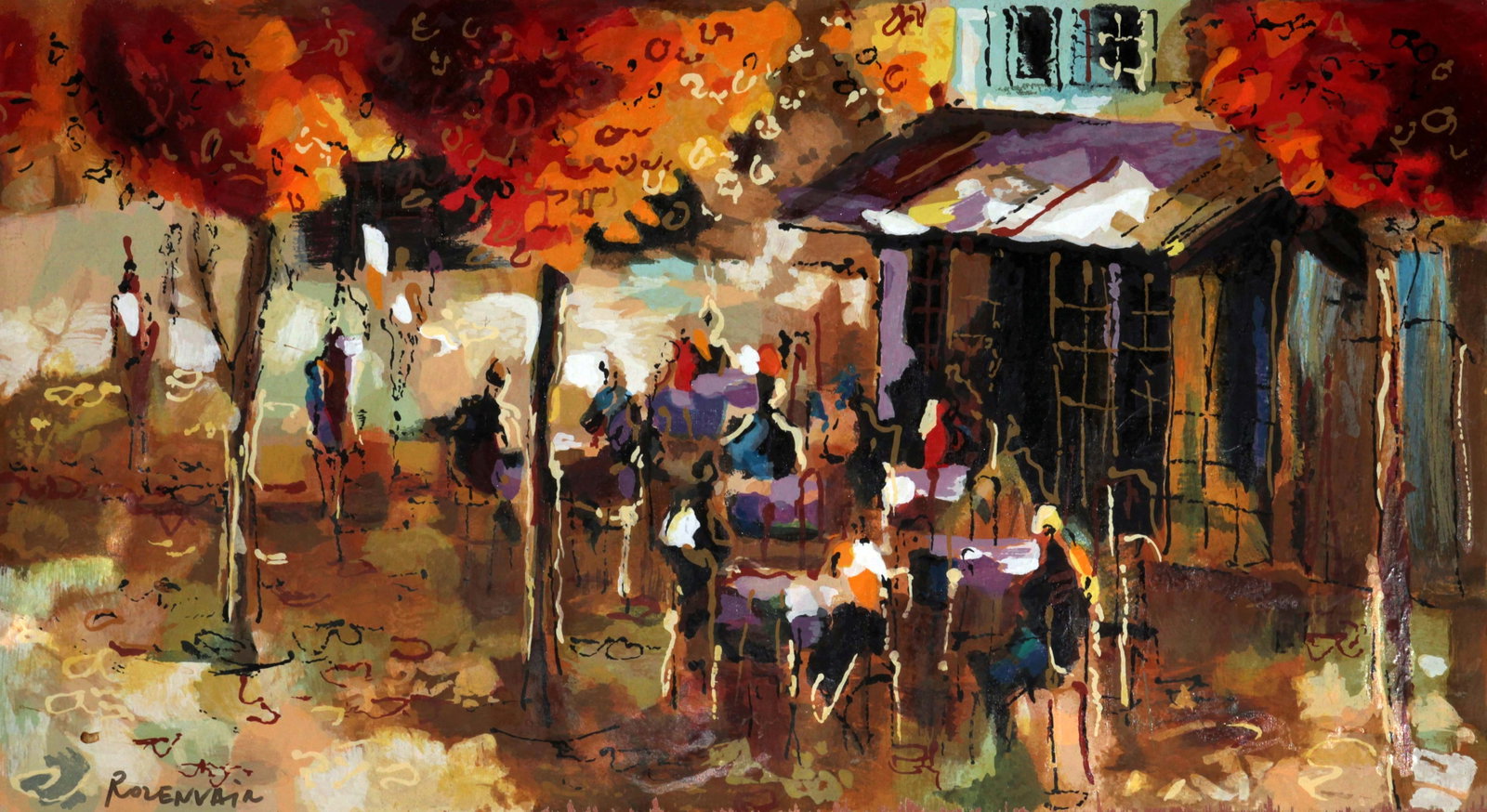 Michael Rozenvain - Parisian Cafe: Artist: Michael Rozenvain Title: Parisian Cafe Dimensions: 14.5in. by 12in. Edition: From the rare limited edition Medium: Original serigraph and acrylic on board Condition:</