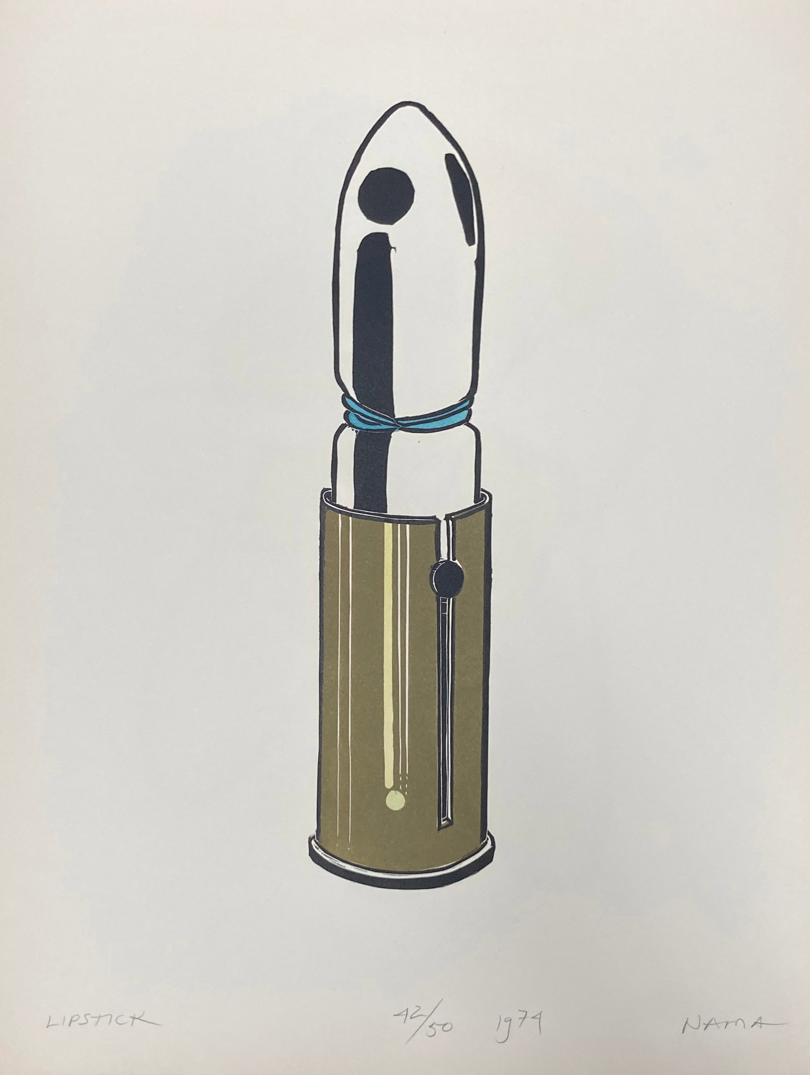 George Nama - Lipstick: Artist: George Nama Title: Lipstick Year: 1974 Dimensions: 19in. by 13 1/2in. Edition: From the rare limited edition of 50 Publisher: Monument Press Suite: Tightrope Ten Lino-Cuts Medium: Original