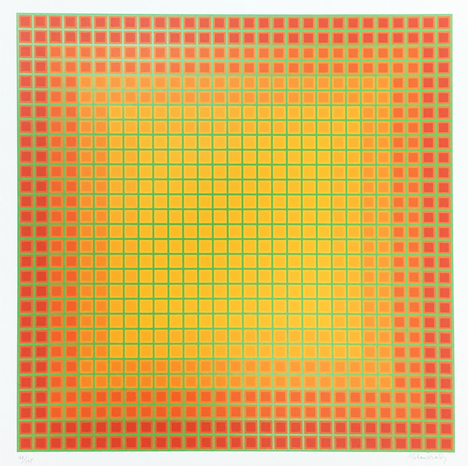 Julian Stanczak - Let It Be Orange: Artist: Julian Stanczak Title: Let It Be Orange Year: 1981 Dimensions: 23 1/5 x 23 1/2 in. Edition: From the Rare Limited Edition Eugene Schuster London Art Medium: Screenprint in Colors Condition: