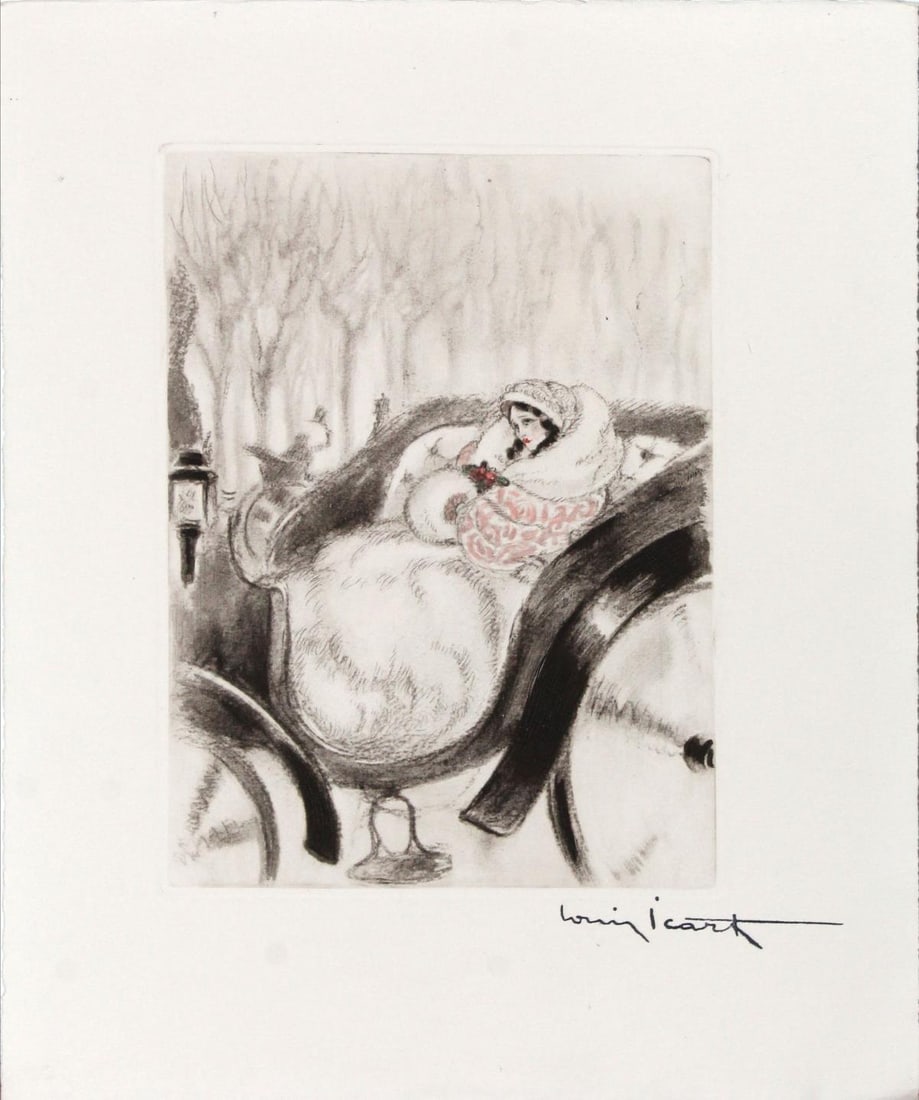 Louis Icart - In the Coach: Artist: Louis Icart Title: In the Coach Year: 1938 Dimensions: 11.25in. by 8.75in. Edition: From the rare limited edition of 250 Suite: La Dame aux Camelias Medium: Original copper plate etching