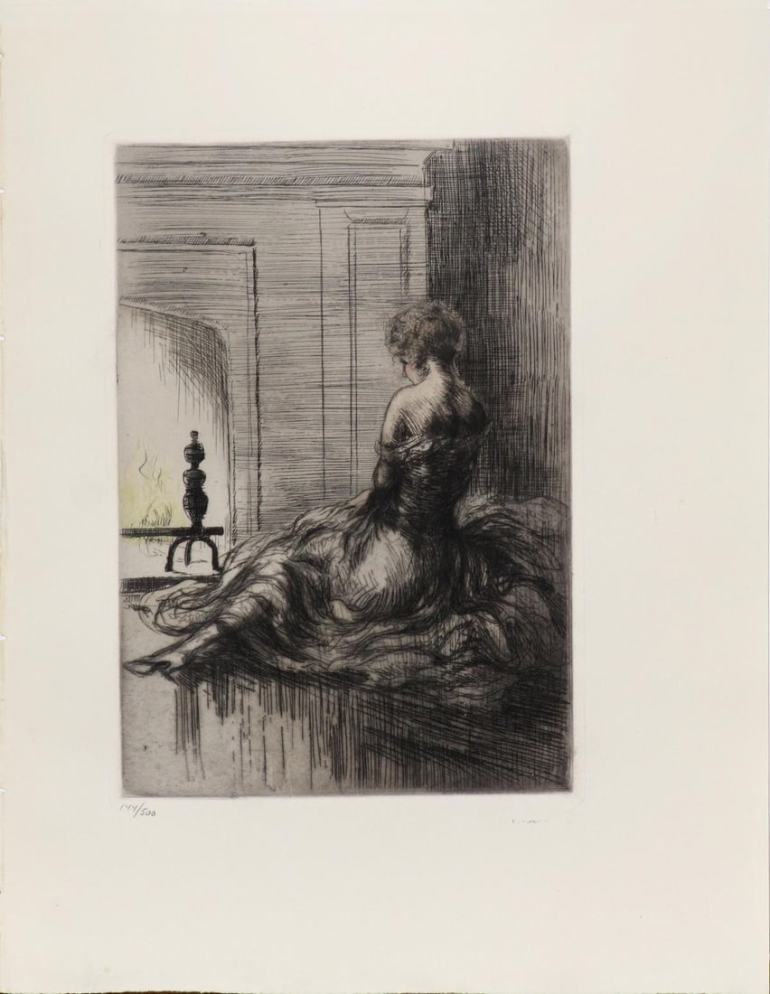 Louis Icart - By the Fireplace from "L'ingenue: Artist: Louis Icart Title: By the Fireplace from "L'ingenue Libertine" Year: 1926 Dimensions: 9.75in. by 12.75in. Edition: From the rare limited edition of 500 Suite: L'ingenue Libertine Medium: