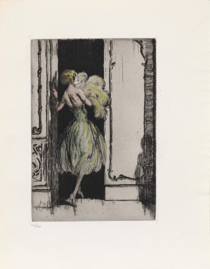 Louis Icart - Feathered Gown from "L'ingenue: Artist: Louis Icart Title: Feathered Gown from "L'ingenue Libertine" Year: 1926 Dimensions: 9.75in. by 12.75in. Edition: From the rare limited edition of 500 Suite: L'ingenue Libertine Medium: