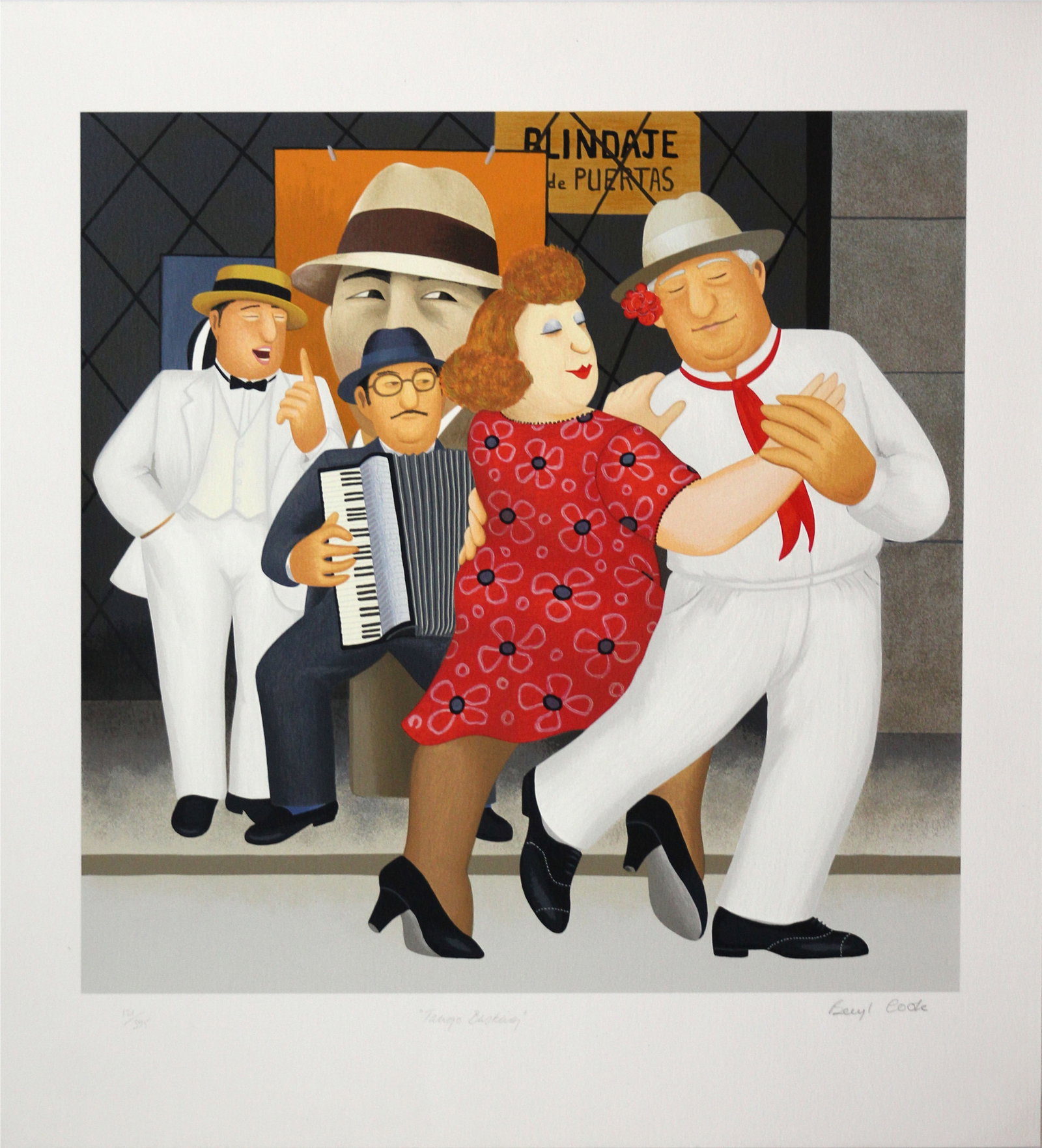 Beryl Cook - Tango Busking: Artist: Beryl Cook Title: Tango Busking Year: Dimensions: 24 x 25 in. Edition: From the rare limited edition of 395 Medium: Serigraph on paper Condi