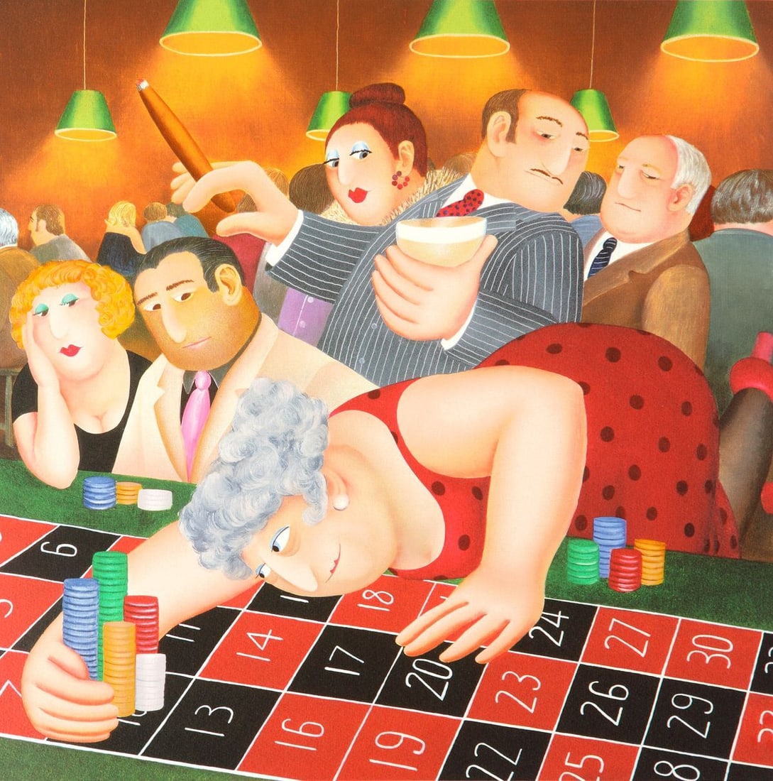Beryl Cook - Roulette: Artist: Beryl Cook Title: Roulette Year: 1986 Dimensions: 28 x 27 1/4 in. Edition: From the rare limited edition of 395 Medium: Serigraph on paper Condition: Excellent Signature Details: Hand signed