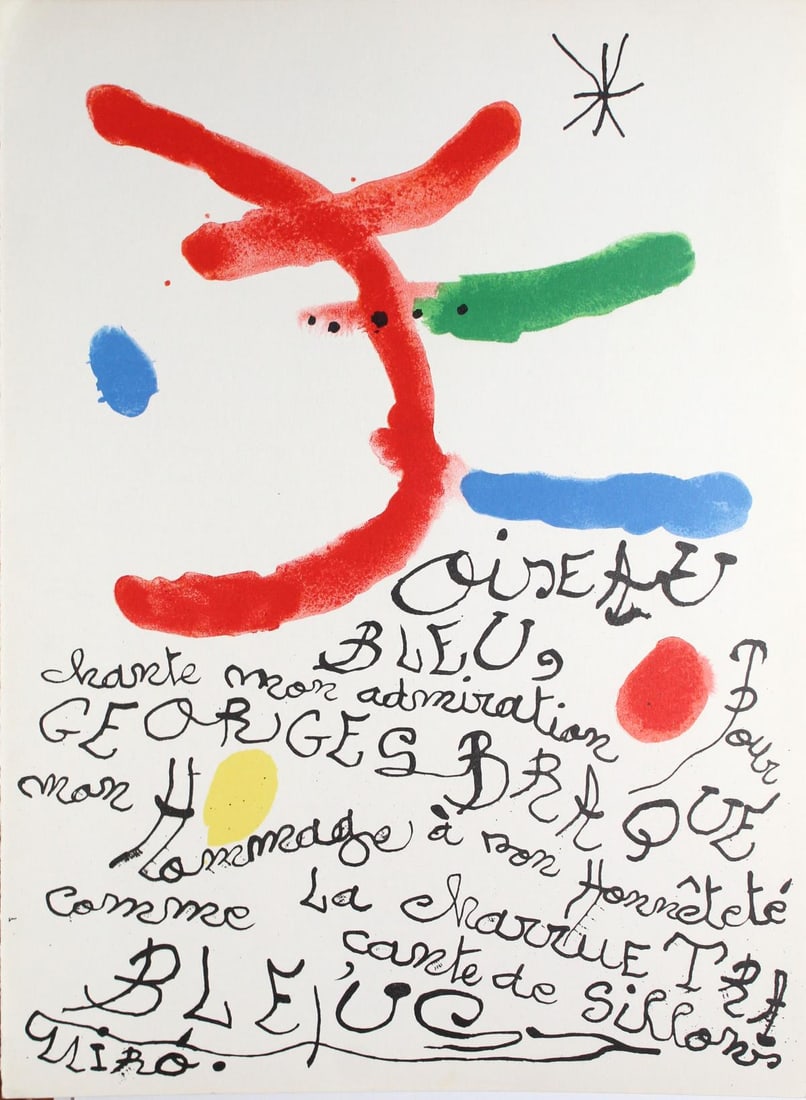Joan Miro - Hommage to Georges Braque: Artist: Joan Miro Title: Hommage to Georges Braque Year: 1964 Dimensions: 15in. by 11in. Edition: From the rare limited edition Publisher: Paris Maeght Suite: Derriere Le Miroir. No. 144-145-146
