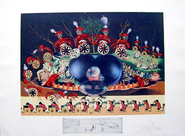 Salvador Dali - Atavism: Artist: Salvador Dali Title: Atavism Year: 1977 Dimensions: 22 x 29 1/2 in. Edition: Rare Artist's Proof Edition of 50 Suite: Les Diners de Gala Medi