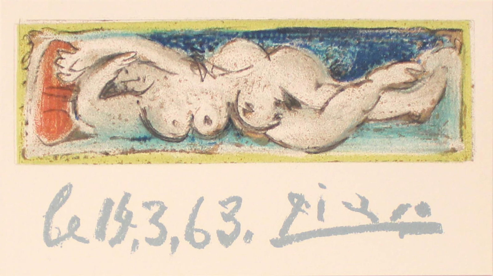 Pablo Picasso - Femme Nue Couchee: Artist: Pablo Picasso Title: Femme Nue Couchee Year: 1964 Dimensions: 3 1/2in. by 6 3/4in. Edition: From the Rare Limited Edition Publisher: Editions Cercle d'Art Paris Suite: Les Dames de Mougins