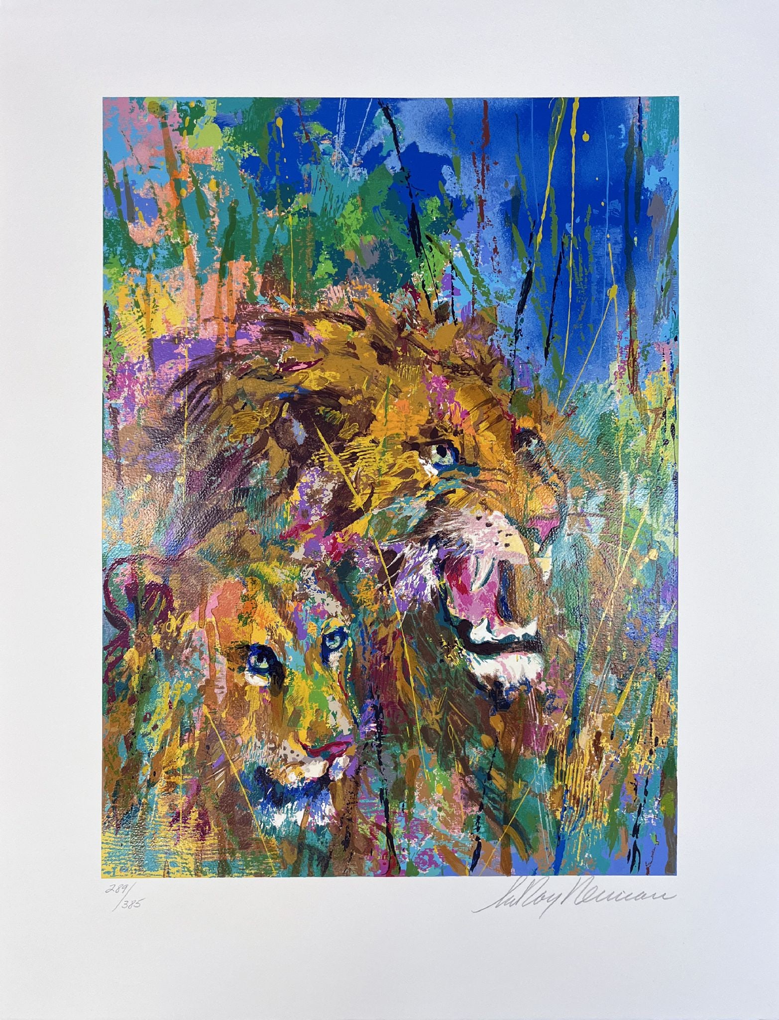 Leroy Neiman - Lions: Artist: Leroy Neiman Title: Lions Year: 2004 Dimensions: 28 x 21 in. Edition: From the limited edition of 395 Suite: Safari Medium: Original serigraph on paper Condition: Excellent Signature Details: