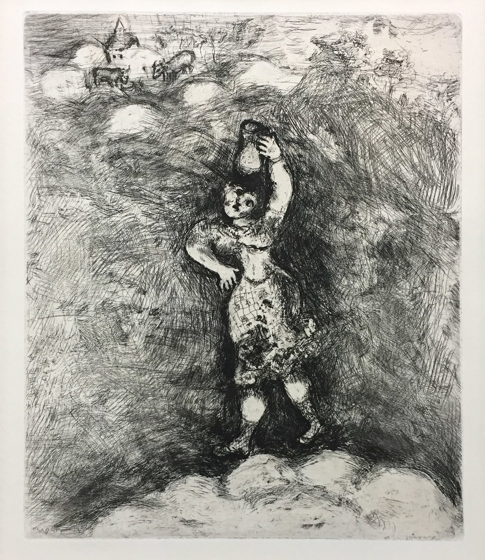 Marc Chagall - La Laitiere et Le Pot a Lait: Artist: Marc Chagall Title: La Laitiere et Le Pot a Lait Year: 1952 Dimensions: 16.5in. by 13.2in. Edition: From the limited edition of 100 Suite: Fables de la Fontaine Medium: Original etching on