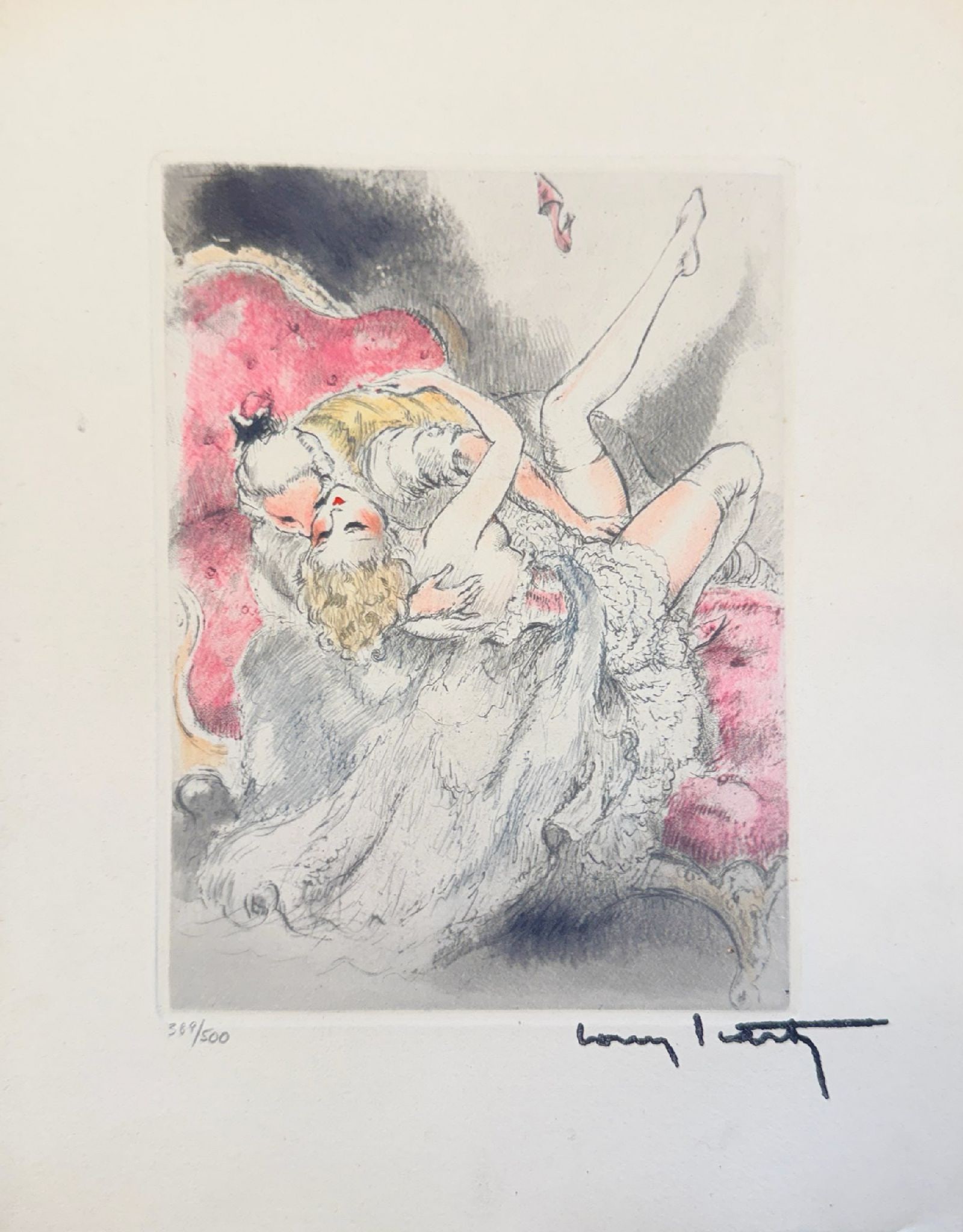 Louis Icart - Over Backwards: Artist: Louis Icart Title: Over Backwards Year: 1947 Dimensions: 11 x 8 1/2 in. Edition: From the limited edition of 530 Publisher: Georges Guillot, Editeur: Paris Suite: Felecia ou Mes Fredaines